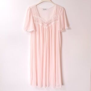 Miss Elaine Pink Nylon Lace Trim Nightgown Flutter Sleeve Sleepwear M